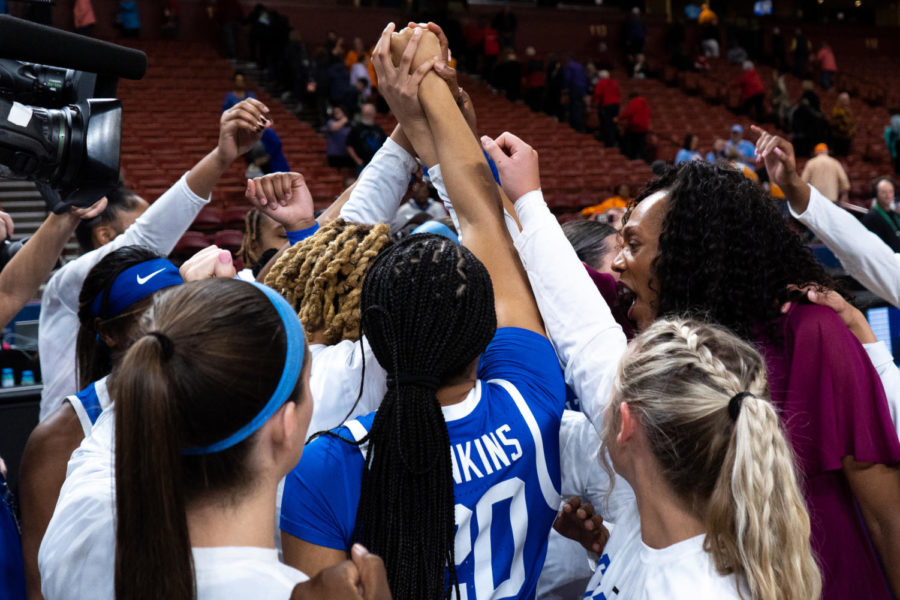 Kentucky players celebrate after winning the No. 14 Kentucky vs. No. 6 Alabama womens basketball game in the second round of the SEC Tournament on Thursday, March 2, 2023, at Bon Secours Wellness Arena in Greenville, South Carolina. Kentucky won 71-58. Photo by Carter Skaggs | Staff