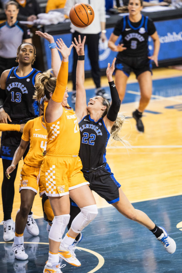 Kentucky Wildcats guard Maddie Scherr (22) fights to shoot the ball during the Kentucky vs. Tennessee womens basketball game on Sunday, Feb. 26, 2023, at Memorial Coliseum in Lexington, Kentucky. Tennessee won 83-63. Photo by Isabel McSwain | Staff