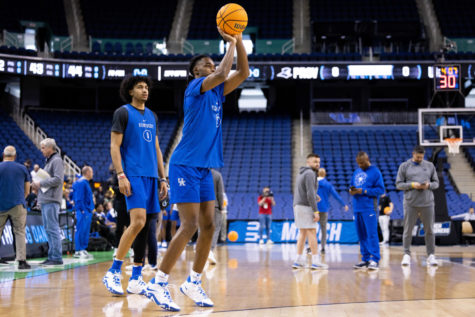 Kentucky Wildcats guard Antonio Reeves (12) shoots the ball during a practice ahead of the first round of the NCAA Tournament on Thursday, March 16, 2023, at Greensboro Coliseum in Greensboro, North Carolina. Photo by Jack Weaver | Staff
