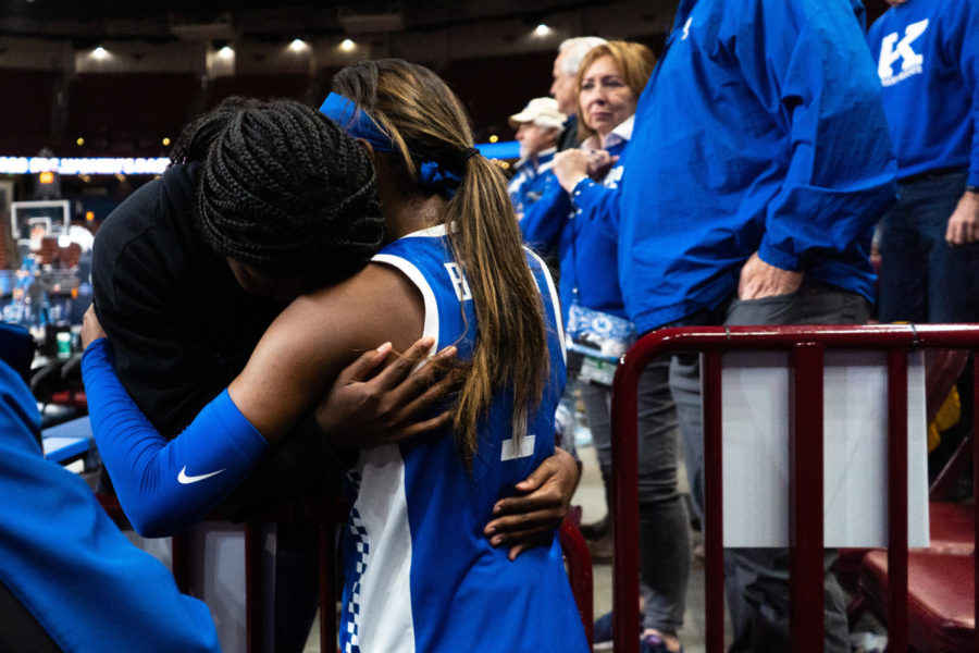 Kentucky Wildcats guard Robyn Benton (1) hugs a loved one after the No. 14 Kentucky vs. No. 3 Tennessee womens basketball game in the SEC Tournament quarterfinals on Friday, March 3, 2023, at Bon Secours Wellness Arena in Greenville, South Carolina. Tennessee won 80-71. Photo by Carter Skaggs | Staff