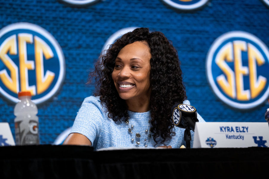 Kentucky Wildcats head coach Kyra Elzy speaks during the post-game press conference after the Kentucky vs. Florida womens basketball game in the first round of the SEC Tournament on Wednesday, March 1, 2023, at Bon Secours Wellness Arena in Greenville, South Carolina. Photo by Carter Skaggs | Staff