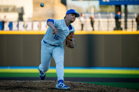 Kentucky Wildcats pitcher Austin Strickland (16) pitches the ball during the Kentucky vs. Indiana State baseball game on Saturday, March 4, 2023, at Kentucky Proud Park in Lexington, Kentucky. Kentucky won 5-4. Photo by Travis Fannon | Staff