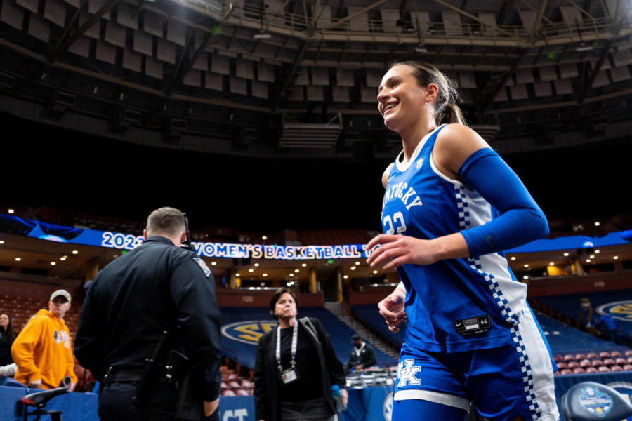 Kentucky Wildcats guard Maddie Scherr (22) runs off the court toward the locker room after the No. 14 Kentucky vs. No. 6 Alabama womens basketball game in the second round of the SEC Tournament on Thursday, March 2, 2023, at Bon Secours Wellness Arena in Greenville, South Carolina. Kentucky won 71-58. Photo by Carter Skaggs | Staff
