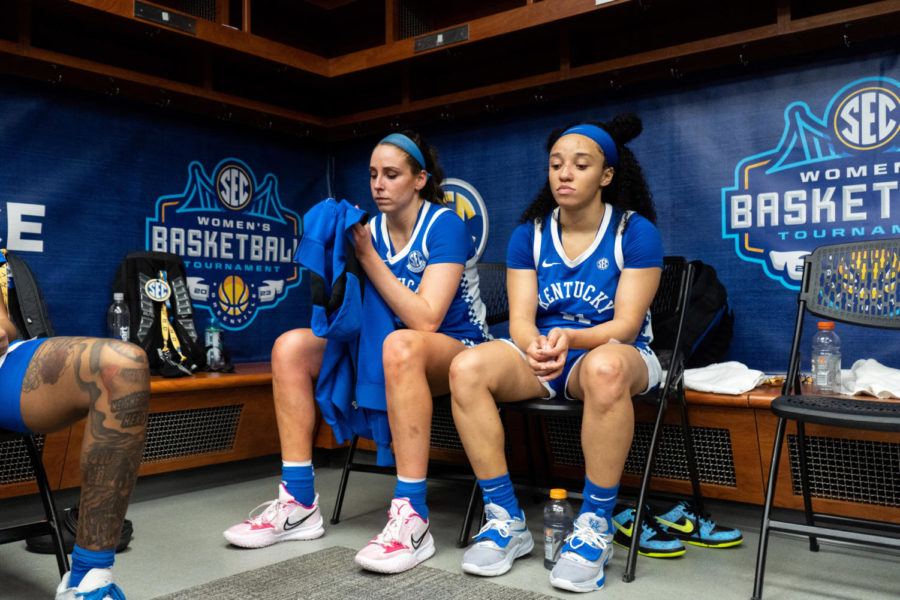 Kentucky Wildcats guards Blair Green (5) and Jada Walker (11) sit in the locker room after the No. 14 Kentucky vs. No. 3 Tennessee womens basketball game in the SEC Tournament quarterfinals on Friday, March 3, 2023, at Bon Secours Wellness Arena in Greenville, South Carolina. Tennessee won 80-71. Photo by Carter Skaggs | Staff
