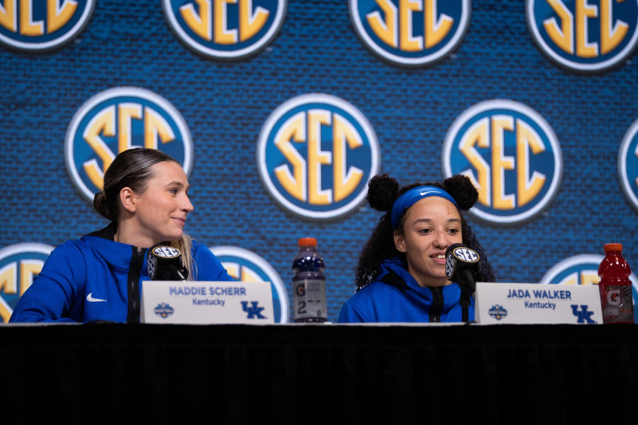 Kentucky Wildcats guard Jada Walker (11) speaks during a post-game press conference after the No. 14 Kentucky vs. No. 6 Alabama womens basketball game in the second round of the SEC Tournament on Thursday, March 2, 2023, at Bon Secours Wellness Arena in Greenville, South Carolina. Kentucky won 71-58. Photo by Carter Skaggs | Staff