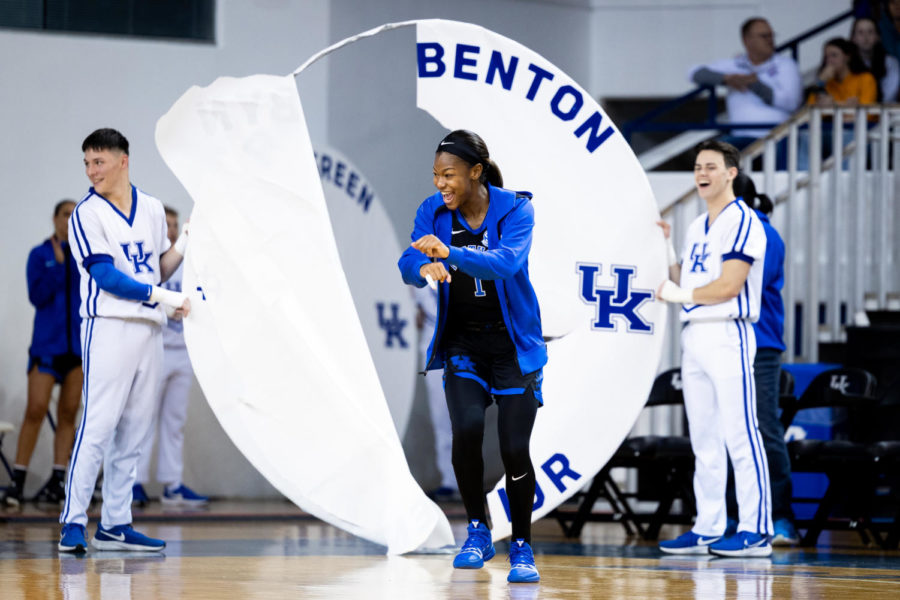 Kentucky Wildcats guard Robyn Benton (1) is introduced on Senior Day before the Kentucky vs. Tennessee womens basketball game on Sunday, Feb. 26, 2023, at Memorial Coliseum in Lexington, Kentucky. Tennessee won 83-63. Photo by Olivia Hall | Staff