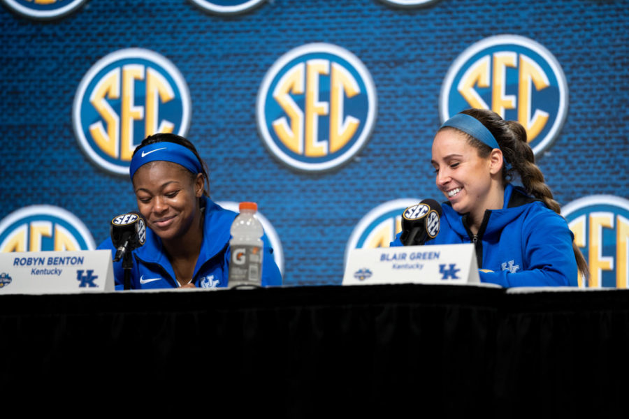 Kentucky Wildcats guard Robyn Benton (1) and guard Blair Green (5) share a laugh during a post-game press conference after the No. 14 Kentucky vs. No. 3 Tennessee womens basketball game in the SEC Tournament quarterfinals on Friday, March 3, 2023, at Bon Secours Wellness Arena in Greenville, South Carolina. Tennessee won 80-71. Photo by Carter Skaggs | Staff