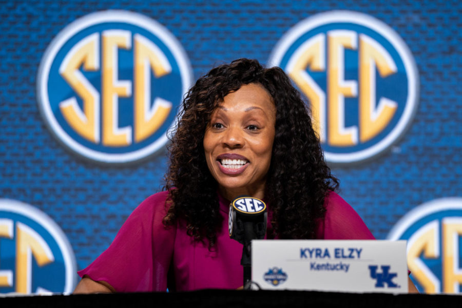Kentucky Wildcats head coach Kyra Elzy speaks during a post-game press conference after the No. 14 Kentucky vs. No. 6 Alabama womens basketball game in the second round of the SEC Tournament on Thursday, March 2, 2023, at Bon Secours Wellness Arena in Greenville, South Carolina. Kentucky won 71-58. Photo by Carter Skaggs | Staff