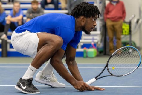 Kentucky Wildcats fifth year senior Alafia Ayeni waits on the ball during the No. 6 Kentucky vs. No. 33 Ole Miss Tennis Match Friday, March 24, 2023, at Hilary J. Boone Tennis Center in Lexington, Kentucky. Kentucky won 4-0. Photo by Travis Fannon | Staff