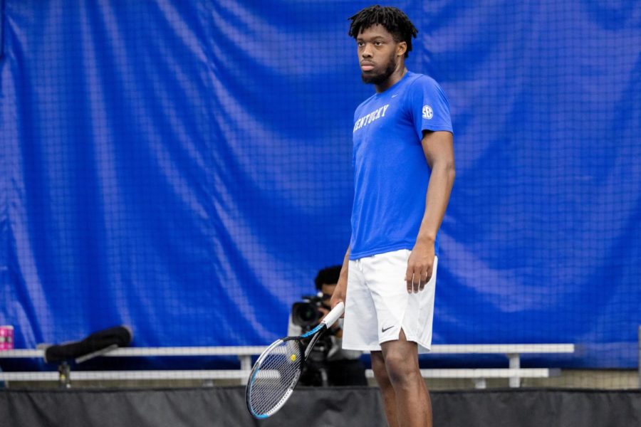 Kentucky Wildcats fifth year senior Alafia Ayeni stands on the court during the No. 6 Kentucky vs. No. 33 Ole Miss Tennis Match Friday, March 24, 2023, at Hilary J. Boone Tennis Center in Lexington, Kentucky. Kentucky won 4-0. Photo by Travis Fannon | Staff