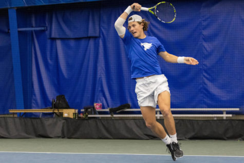 Kentucky Wildcats senior Liam Draxl prepares to hit the ball  during the No. 6 Kentucky vs. No. 33 Ole Miss Tennis Match Friday, March 24, 2023, at Hilary J. Boone Tennis Center in Lexington, Kentucky. Kentucky won 4-0. Photo by Travis Fannon | Staff