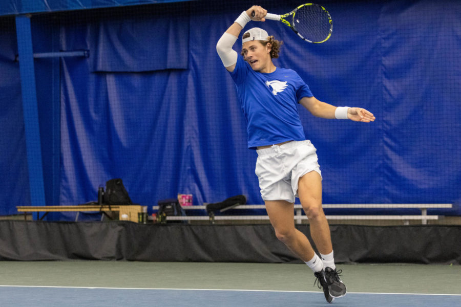 Kentucky Wildcats senior Liam Draxl prepares to hit the ball  during the No. 6 Kentucky vs. No. 33 Ole Miss Tennis Match Friday, March 24, 2023, at Hilary J. Boone Tennis Center in Lexington, Kentucky. Kentucky won 4-0. Photo by Travis Fannon | Staff