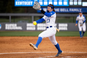 Kentucky Wildcats pitcher Stephanie Schoonover (23) pitches the ball during the No. 16 Kentucky vs. Dayton softball home opener game on Wednesday, March 8, 2023, at John Cropp Stadium in Lexington, Kentucky. Photo by Jack Weaver | Staff