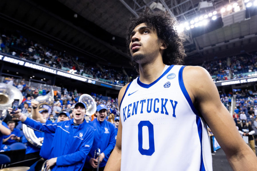 Kentucky Wildcats forward Jacob Toppin (0) walks off the court after the No. 6 Kentucky vs. No. 11 Providence mens basketball game in the first round of the NCAA Tournament on Friday, March 17, 2023, at Greensboro Coliseum in Greensboro, North Carolina. Kentucky won 61-53. Photo by Jack Weaver | Staff
