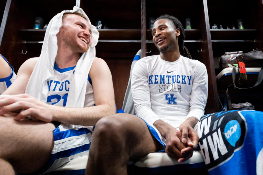 Kentucky Wildcats guard Cason Wallace (22) laughs with guard Walker Horn (21) in the locker room after the No. 6 Kentucky vs. No. 11 Providence mens basketball game in the first round of the NCAA Tournament on Friday, March 17, 2023, at Greensboro Coliseum in Greensboro, North Carolina. Kentucky won 61-53. Photo by Jack Weaver | Staff