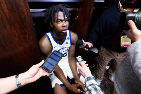 Kentucky Wildcats forward Chris Livingston (24) talks to reporters in the locker room after the No. 6 Kentucky vs. No. 11 Providence mens basketball game in the first round of the NCAA Tournament on Friday, March 17, 2023, at Greensboro Coliseum in Greensboro, North Carolina. Kentucky won 61-53. Photo by Jack Weaver | Staff