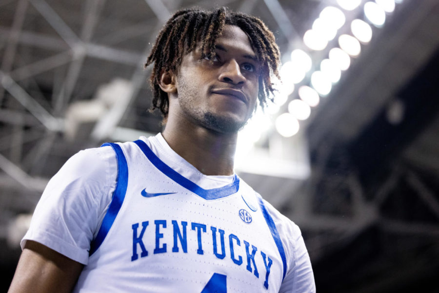 Kentucky Wildcats forward Daimion Collins (4) walks off the court at halftime of the No. 6 Kentucky vs. No. 11 Providence mens basketball game in the first round of the NCAA Tournament on Friday, March 17, 2023, at Greensboro Coliseum in Greensboro, North Carolina. Kentucky won 61-53. Photo by Jack Weaver | Staff