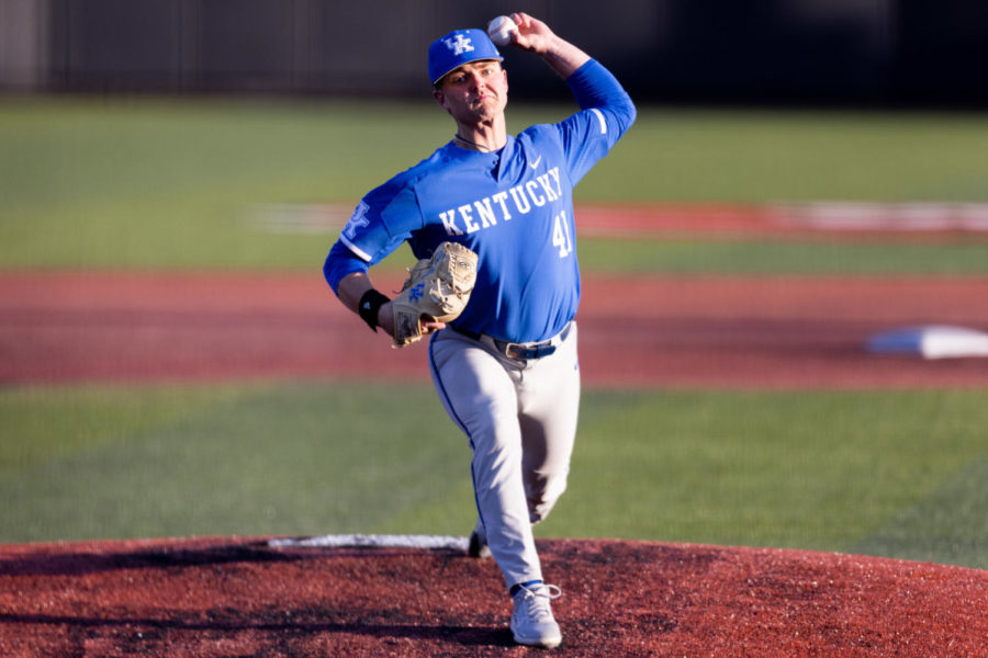 Kentucky Wildcats pitcher Evan Byers (41) pitches the ball during the No. 18 Kentucky vs. Western Kentucky baseball game on Tuesday, March 28, 2023, at Nick Denes Field in Bowling Green, Kentucky. Kentucky won 10-8. Photo by Jack Weaver | Staff