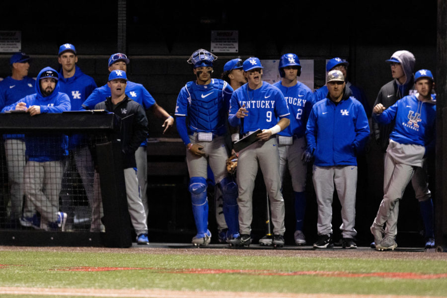Players in the Kentucky dugout react to a play during the No. 18 Kentucky vs. Western Kentucky baseball game on Tuesday, March 28, 2023, at Nick Denes Field in Bowling Green, Kentucky. Kentucky won 10-8. Photo by Jack Weaver | Staff