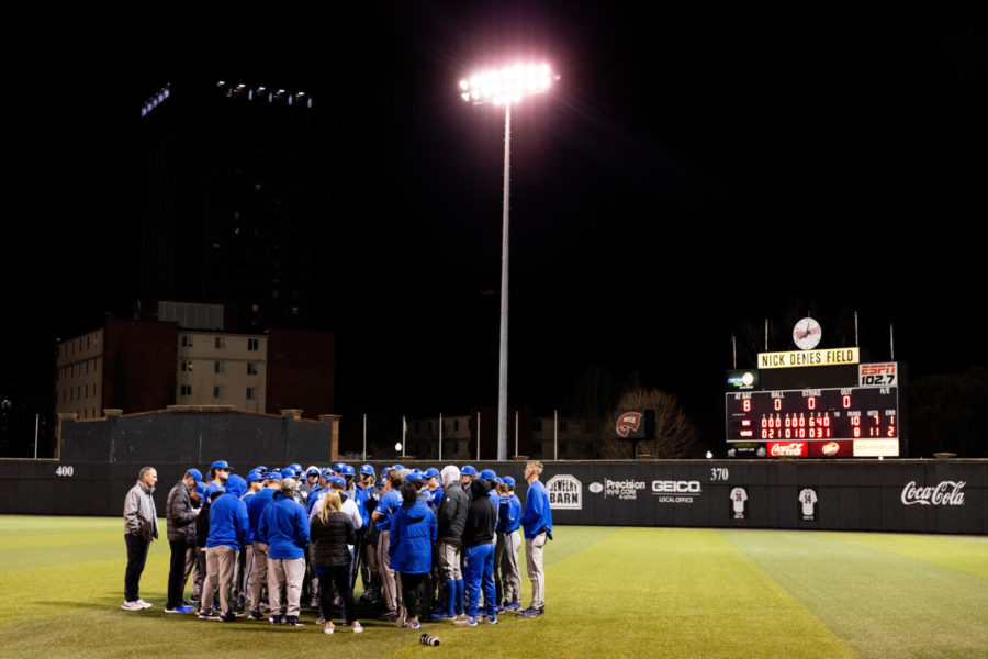 Kentucky players and staff gather in left field after the No. 18 Kentucky vs. Western Kentucky baseball game on Tuesday, March 28, 2023, at Nick Denes Field in Bowling Green, Kentucky. Kentucky won 10-8. Photo by Jack Weaver | Staff
