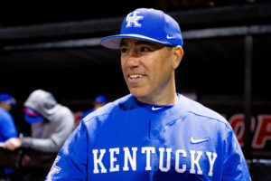 Kentucky Wildcats head coach Nick Mingione talks to reporters after the No. 18 Kentucky vs. Western Kentucky baseball game on Tuesday, March 28, 2023, at Nick Denes Field in Bowling Green, Kentucky. Kentucky won 10-8. Photo by Jack Weaver | Staff