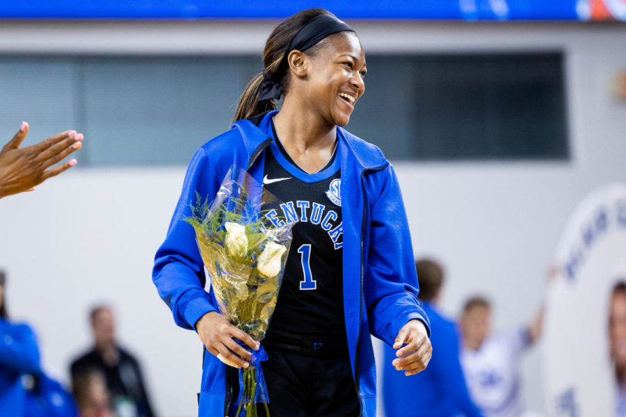 Kentucky Wildcats guard Robyn Benton (1) is recognized on Senior Day before the Kentucky vs. Tennessee womens basketball game on Sunday, Feb. 26, 2023, at Memorial Coliseum in Lexington, Kentucky. Tennessee won 83-63. Photo by Olivia Hall | Staff