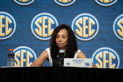 Kentucky Wildcats head coach Kyra Elzy speaks during a post-game press conference after the No. 14 Kentucky vs. No. 3 Tennessee womens basketball game in the SEC Tournament quarterfinals on Friday, March 3, 2023, at Bon Secours Wellness Arena in Greenville, South Carolina. Tennessee won 80-71. Photo by Carter Skaggs | Staff