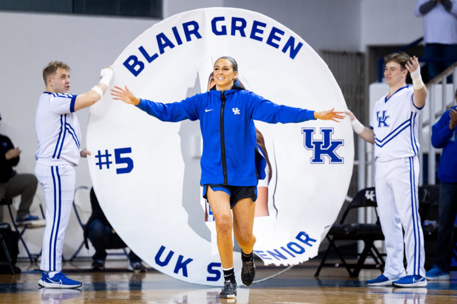Kentucky Wildcats guard Blair Green (5) is introduced on Senior Day before the Kentucky vs. Tennessee womens basketball game on Sunday, Feb. 26, 2023, at Memorial Coliseum in Lexington, Kentucky. Tennessee won 83-63. Photo by Olivia Hall | Staff