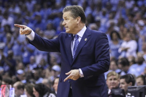 Kentucky Wildcats head coach John Calipari reacts to a call during the No. 2 Kentucky vs. No. 1 North Carolina mens basketball game in the NCAA Tournament Elite 8 on Sunday, March 26, 2017, at FedExForum in Memphis, Tennessee. North Carolina won 75-73. Photo by Addison Coffey | Kentucky Kernel