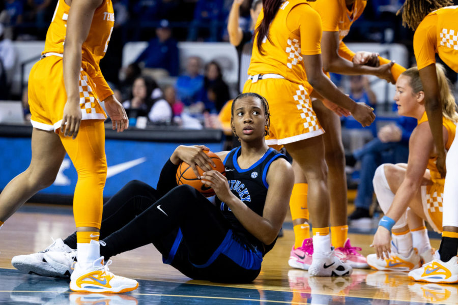 Kentucky Wildcats forward Ajae Petty (13) reacts to a play during the Kentucky vs. Tennessee womens basketball game on Sunday, Feb. 26, 2023, at Memorial Coliseum in Lexington, Kentucky. Tennessee won 83-63. Photo by Olivia Hall | Staff