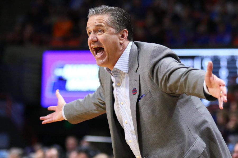Kentucky Wildcats head coach John Calipari yells during the No. 5 Kentucky vs. No. 12 Davidson mens basketball game in the first round of the NCAA Tournament on Thursday, March 15, 2018, at Taco Bell Arena in Boise, Idaho. Kentucky won 78-73. Photo by Arden Barnes | Kentucky Kernel