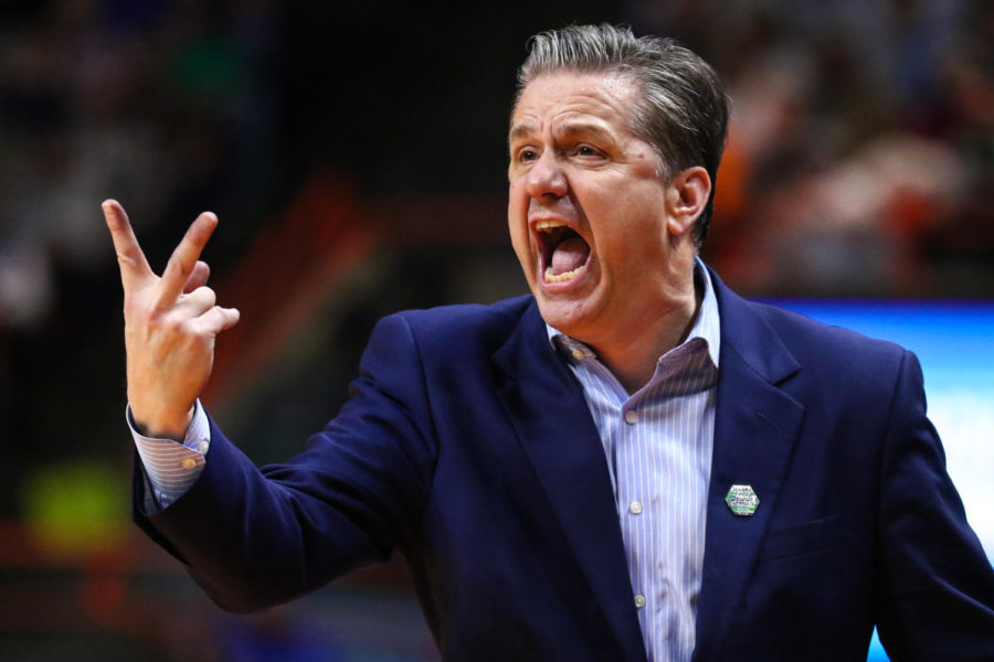 Kentucky Wildcats head coach John Calipari yells during the No. 5 Kentucky vs. No. 13 Buffalo mens basketball game in the second round of the NCAA Tournament on Saturday, March 17, 2018, at Taco Bell Arena in Boise, Idaho. Kentucky won 95-75. Photo by Arden Barnes | Kentucky Kernel