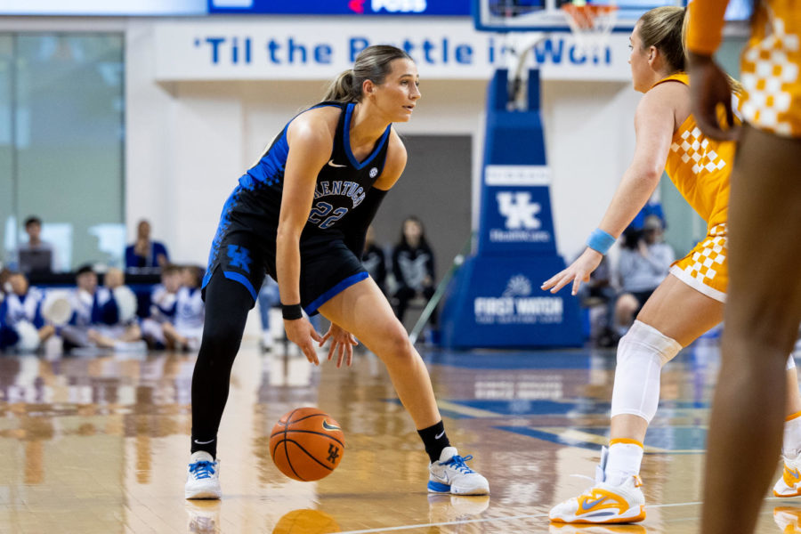 Kentucky Wildcats guard Maddie Scherr (22) dribbles the ball during the Kentucky vs. Tennessee womens basketball game on Sunday, Feb. 26, 2023, at Memorial Coliseum in Lexington, Kentucky. Tennessee won 83-63. Photo by Olivia Hall | Staff