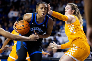 Kentucky Wildcats forward Ajae Petty (13) drives to the basket during the Kentucky vs. Tennessee womens basketball game on Sunday, Feb. 26, 2023, at Memorial Coliseum in Lexington, Kentucky. Tennessee won 83-63. Photo by Olivia Hall | Staff