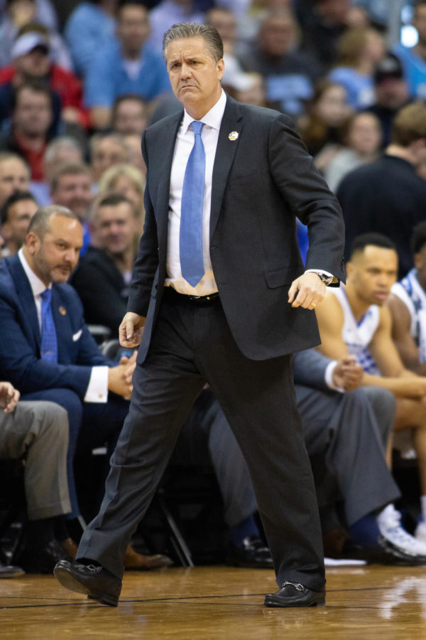 Kentucky Wildcats head coach John Calipari walks down the court in anger in response to a call during the No. 2 Kentucky vs. No. 3 Houston mens basketball game in the NCAA Tournament Sweet 16 on Friday, March 29, 2019, at the Sprint Center in Kansas City, Missouri. Kentucky won 62-58. Photo by Michael Clubb | Kentucky Kernel