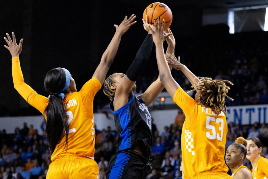 Kentucky Wildcats forward Ajae Petty (13) shoots the ball during the Kentucky vs. Tennessee womens basketball game on Sunday, Feb. 26, 2023, at Memorial Coliseum in Lexington, Kentucky. Tennessee won 83-63. Photo by Olivia Hall | Staff