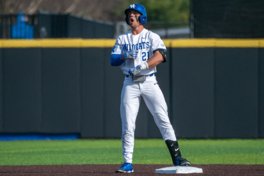 Kentucky+Wildcats+outfielder+Ryan+Waldschmidt+%2821%29+celebrates+hitting+a+double+during+the+Kentucky+vs.+Indiana+State+baseball+game+on+Sunday%2C+March+5%2C+2023%2C+at+Kentucky+Proud+Park+in+Lexington%2C+Kentucky.+Kentucky+won+7-6.+Photo+by+Travis+Fannon+%7C+Staff