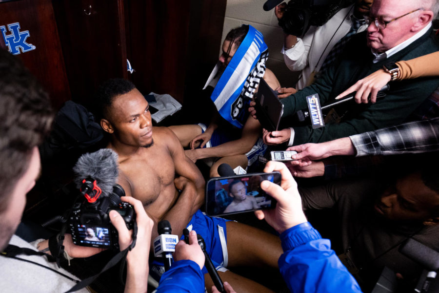 Kentucky Wildcats forward Oscar Tshiebwe answers questions from reporters in the locker room after the No. 6 Kentucky vs. No. 3 Kansas State mens basketball game in the second round of the NCAA Tournament on Sunday, March 19, 2023, at Greensboro Coliseum in Greensboro, North Carolina. Kansas State won 75-69. Photo by Jack Weaver | Staff