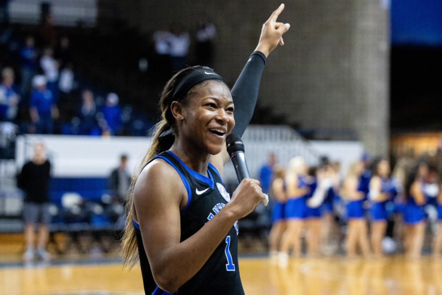 Kentucky Wildcats guard Robyn Benton (1) addresses the crowd after the Kentucky vs. Tennessee womens basketball game on Sunday, Feb. 26, 2023, at Memorial Coliseum in Lexington, Kentucky. Tennessee won 83-63. Photo by Olivia Hall | Staff
