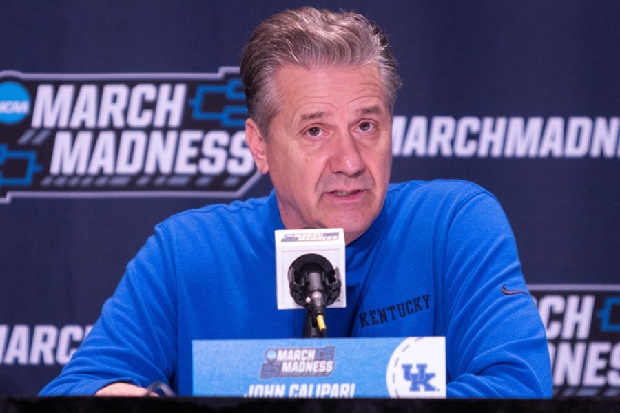 Kentucky Wildcats head coach John Calipari speaks to reporters after the No. 6 Kentucky vs. No. 3 Kansas State mens basketball game in the second round of the NCAA Tournament on Sunday, March 19, 2023, at Greensboro Coliseum in Greensboro, North Carolina. Kansas State won 75-69. Photo by Samuel Colmar | Staff