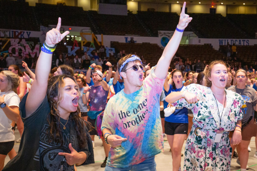 Students participate in the hourly line dance during the 2023 DanceBlue Marathon on Sunday, March 26, 2023, at Memorial Coliseum in Lexington, Kentucky. Photo by Samuel Colmar | Staff
