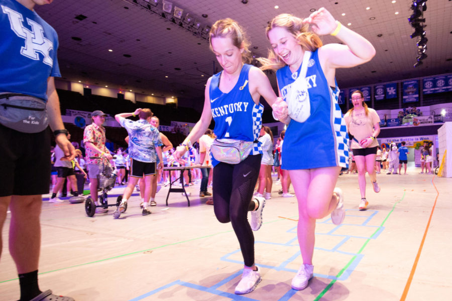Students hopscotch during the 2023 DanceBlue Marathon on Sunday, March 26, 2023, at Memorial Coliseum in Lexington, Kentucky. Photo by Samuel Colmar | Staff