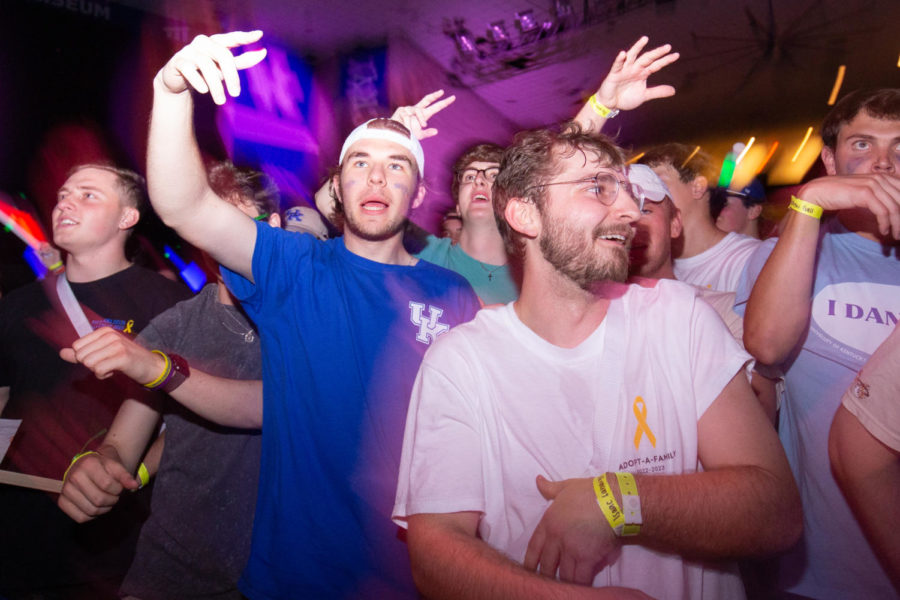 Student dancers participate in “Rave Hour” during the 2023 DanceBlue Marathon on Sunday, March 26, 2023, at Memorial Coliseum in Lexington, Kentucky. Photo by Samuel Colmar | Staff
