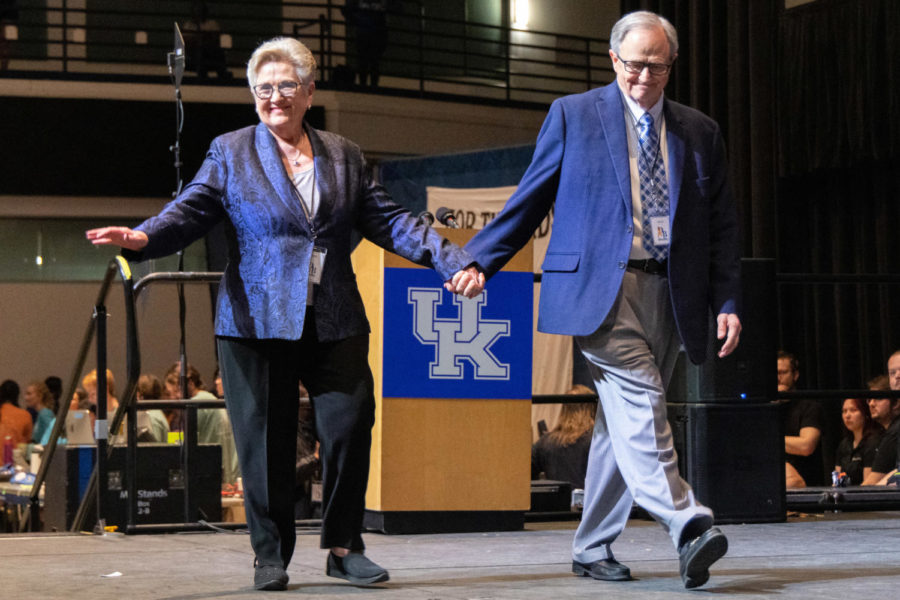 Former University of Kentucky president Lee T. Todd Jr. and his wife are welcomed on stage during the 2023 DanceBlue Marathon on Sunday, March 26, 2023, at Memorial Coliseum in Lexington, Kentucky. Photo by Samuel Colmar | Staff