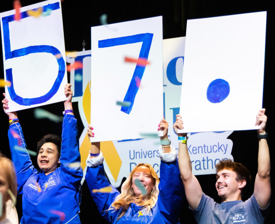 Staff members reveal that a total of $1,650,857.26 was raised during the 2023 DanceBlue Marathon on Sunday, March 26, 2023, at Memorial Coliseum in Lexington, Kentucky. Photo by Samuel Colmar | Staff