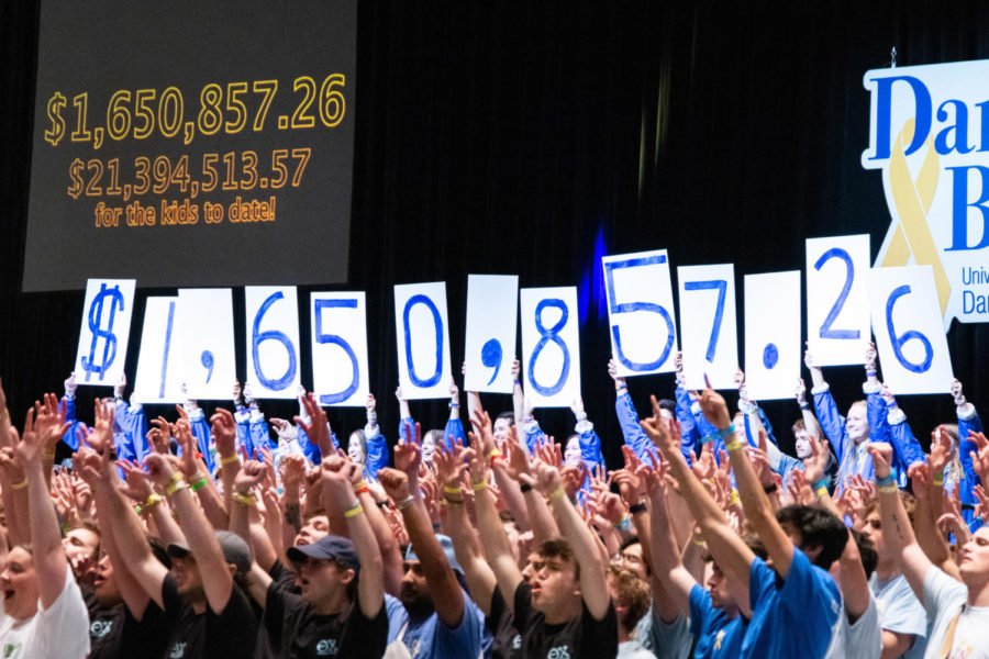 Staff members reveal that a total of $1,650,857.26 was raised during the 2023 DanceBlue Marathon on Sunday, March 26, 2023, at Memorial Coliseum in Lexington, Kentucky. Photo by Samuel Colmar | Staff