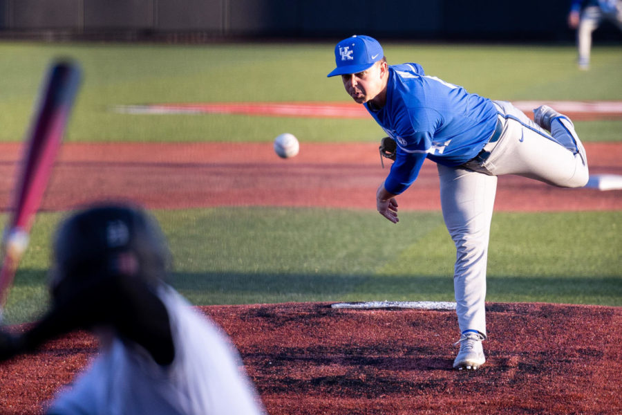 Kentucky Wildcats pitcher Evan Byers (41) pitches the ball during the No. 18 Kentucky vs. Western Kentucky baseball game on Tuesday, March 28, 2023, at Nick Denes Field in Bowling Green, Kentucky. Kentucky won 10-8. Photo by Olivia Hall | Staff