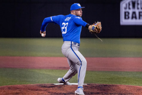 Kentucky Wildcats pitcher Magdiel Cotto (23) pitches the ball during the No. 18 Kentucky vs. Western Kentucky baseball game on Tuesday, March 28, 2023, at Nick Denes Field in Bowling Green, Kentucky. Kentucky won 10-8. Photo by Olivia Hall | Staff