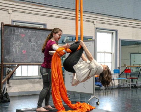 Kylee Pipgrass teaches MJ Camarato a new technique called “The Muduring Practice” at the Circus Club on Friday, March 24, 2023, in Barker Hall in Lexington, Kentucky. Photo by Stephanie Foster | Staff