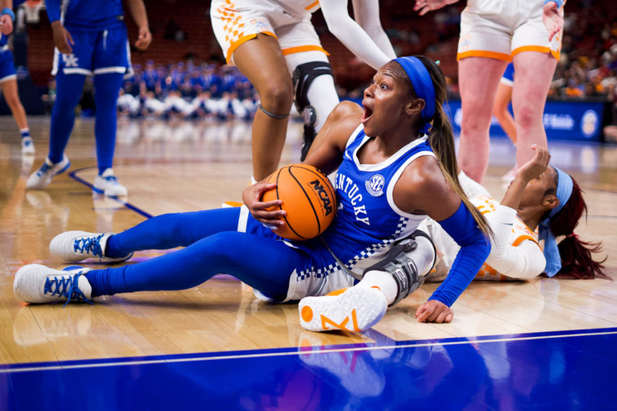 Kentucky Wildcats guard Robyn Benton (1) reacts to a play during the No. 14 Kentucky vs. No. 3 Tennessee womens basketball game in the SEC Tournament quarterfinals on Friday, March 3, 2023, at Bon Secours Wellness Arena in Greenville, South Carolina. Photo by Carter Skaggs | Staff